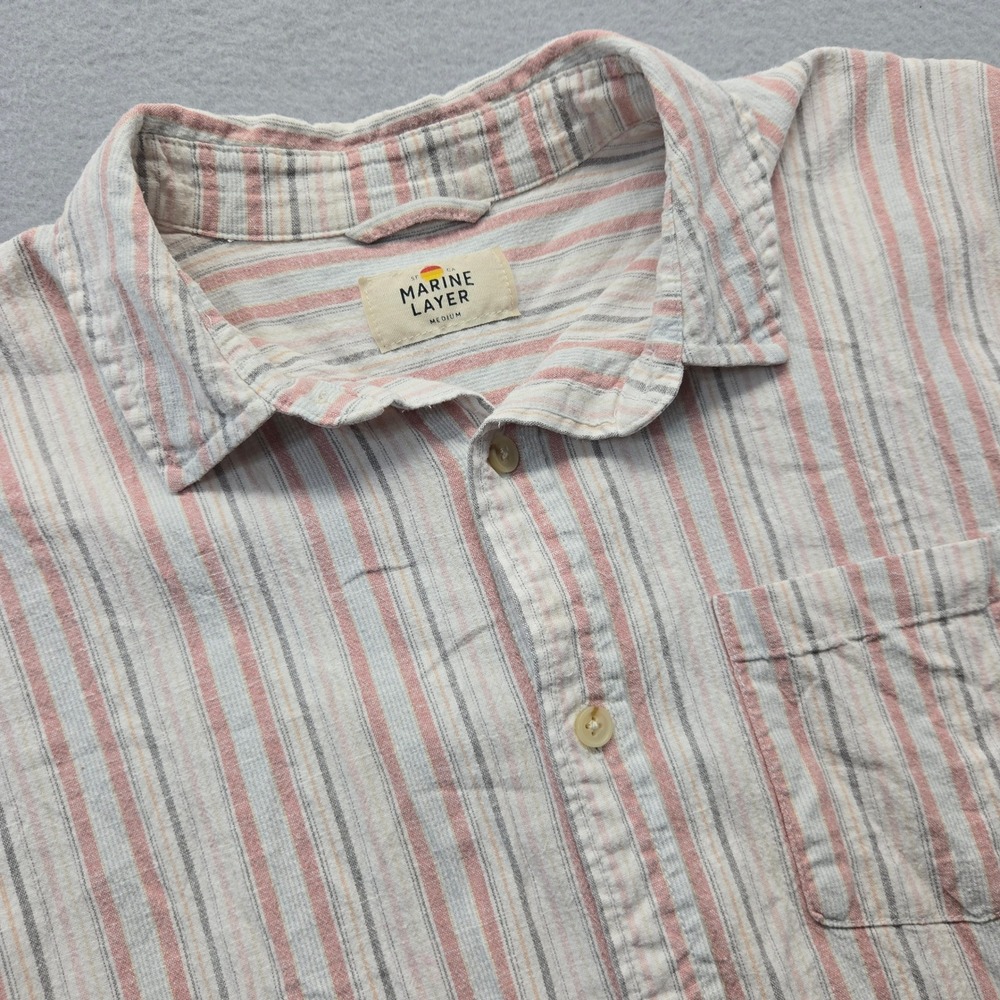 Marine Layer Mens L Short Sleeve Button Down Shirt Striped Red Blue White‎ Hemp